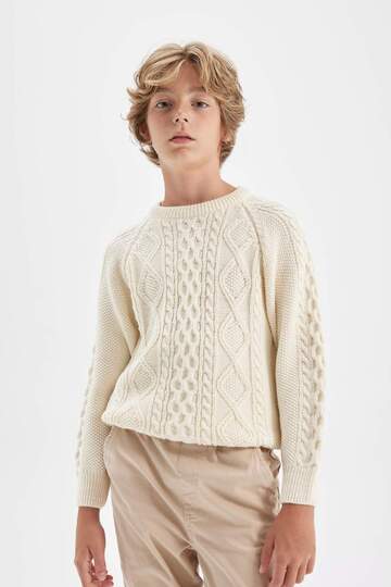 Boy's Ecru Crew Neck Knitted Patterned Knitwear Sweater D0320A824Wn