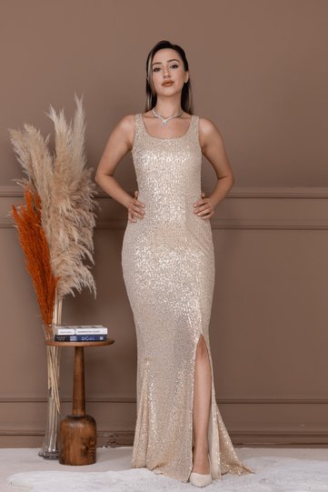 Sequin Sequin Thick Strap Fish Evening Dress - Gold