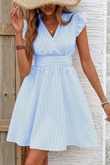Striped Mini Dress with Ruffle Sleeves - Blue