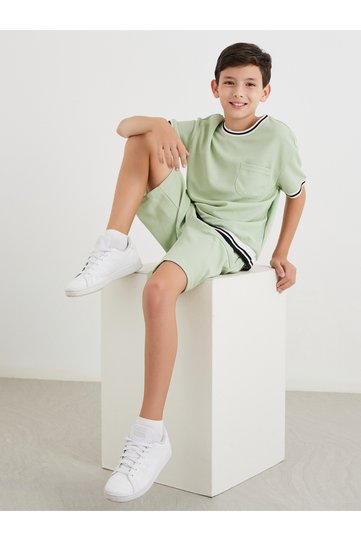 Boys Green Contrast Ribbed Tipping T-Shirt and Shorts Set