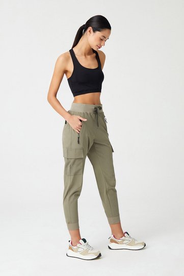 Women's Khaki Cargo Pocket Jogger Pants with Elastic Waist and Legs Cargo