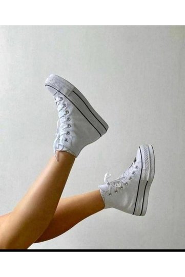 WHITE LONG ANKLE THICK PLATFORM SOLE LINEN SNEAKERS