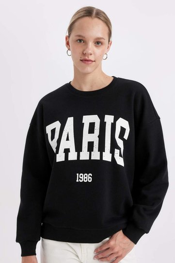 Loose Fit Crew Neck Printed Thick Black Sweatshirt C7810Ax24Wn
