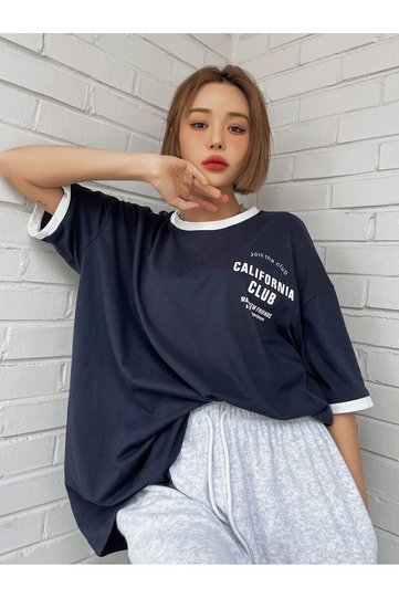 California Club Piece Single Jersey T-Shirt - Navy Blue White Oversize Crew Neck Short Sleeve T-Shirt