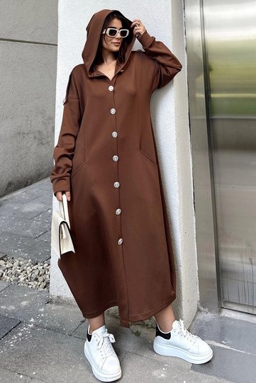 Women's Brown Hoodie, Long Sleeve, Button Detail, Oval Skirt, Double Pocket, Long Oversize Loose Dress