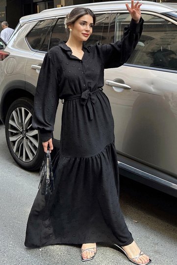 Women's Black Textured Fabric, Belted Waist, Balloon Sleeve, A-Line, Vintage Maxi Dress - Suitable for Modest Wear