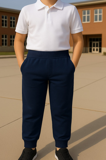 Children's Navy Blue Ribbed Waist Elasticated Leg Combed Cotton School Trousers