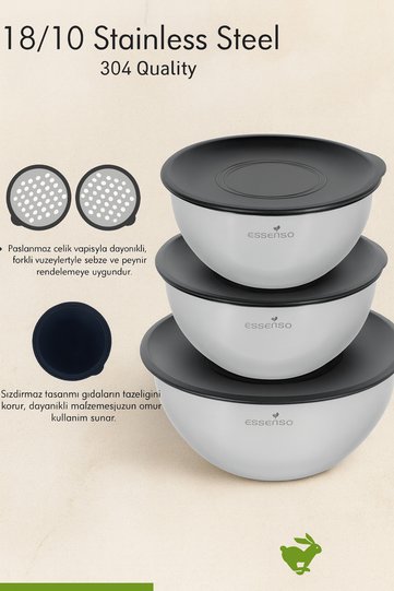 9-Piece Stainless Steel Mixing Bowl Set – 16/20/24 Cm, with Grater, 304 18/10 Steel