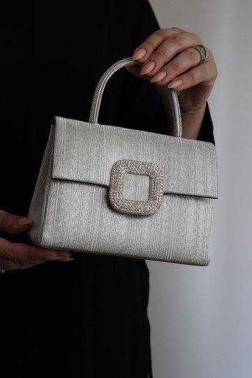 Women's Silver Silvery Striped Evening Bag - Evening Bag with Crystal Stone Buckle