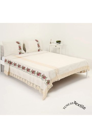 Beige Cross-Stitched Lace Cotton Buldan Bodrum Bedspread Set