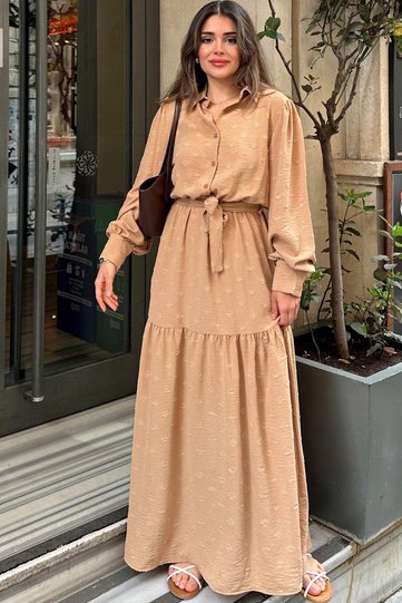Women's Camel Textured Fabric, Belted Waist, Balloon Sleeve, A-Line, Vintage Maxi Dress - Modest Wear