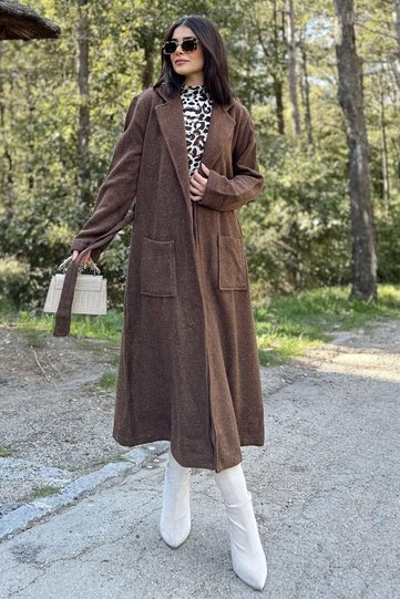 Women's Brown Double Pocket, Waist Belt, Buttonless, Long Stamp Coat