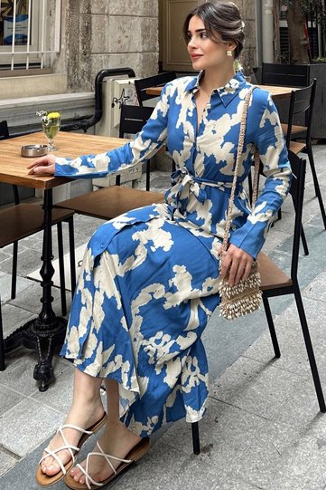 Women's Indigo Long Sleeve, Belted, Slit, Long Viscose Shirt Dress (Slim Fit)