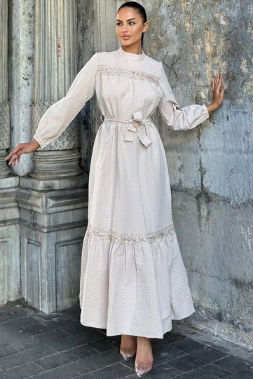 Beige Belted, Lace Detail, Maxi Lotus Dress