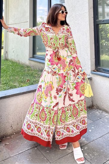 Women's Burgundy Print Shirt Collar, Long Sleeve, Skirt Pleated, Waist Belted, Loose Cut, Long Dress