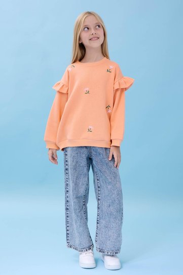 Girl's Ruffle Detailed Floral Embroidered Hooded Oversize Sweatshirt - Peach