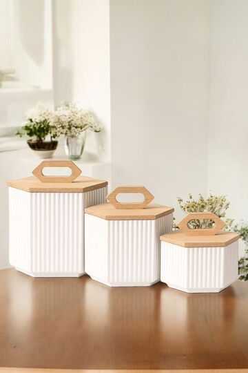 Hexagonal 3 Size Vacuum Bamboo Lid Striped Ceramic Jar, Spice Set 500,750,1000ml