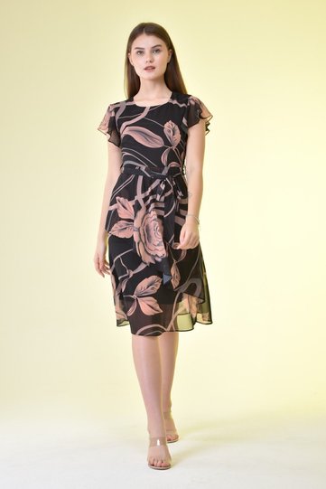Women's Black Waist Belted Rose Patterned Chiffon Dress