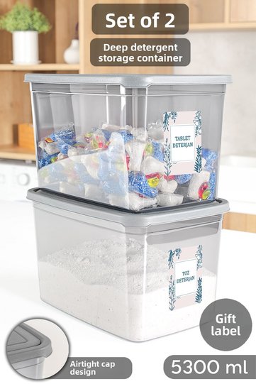 2 Mega Size Detergent Storage Boxes - Labeled Powder Tablet Detergent Box Anthracite 5.3 Liters