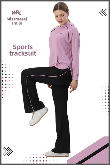 Women's Sports Tracksuit Set Flared Double Pocket Bottom &K Hooded Kangaroo Pocket Top Lilac Color 3053