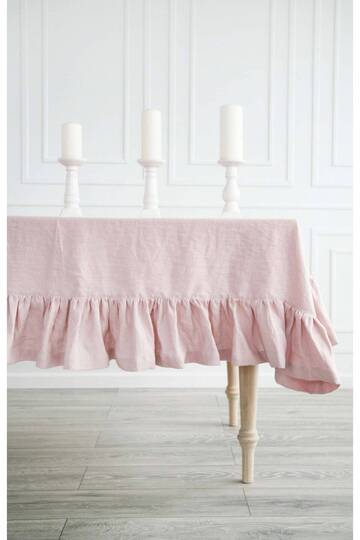 Buldan Linen Ruffled Vintage Pink Tablecloth