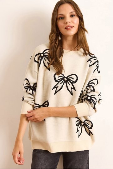 Women's Ecru Bow Detailed Oversize Knitwear Sweater Kzk-19000971