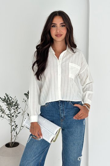 Women's White Striped Loose Shirt – Pocketed & Lightweight Textured