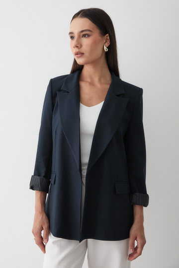 Women's Navy Blue Striped Lined Sleeve Detailed Blazer Jacket