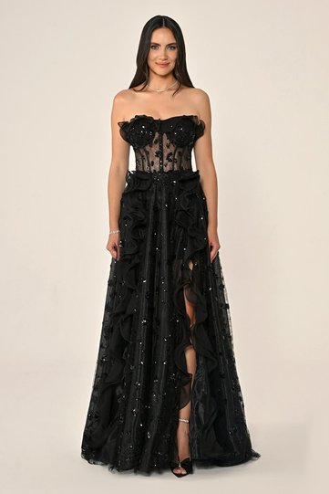 Strapless Corset Transparent Waist Tulle Long Dress