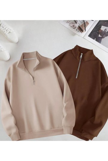 Brown and Beige 2-Piece Stand Collar Half Zipper Oversize Unisex Sweatshirt