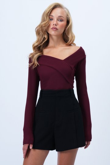 Women's Burgundy Wide Collar Ottoban Blouse Alc-X14342