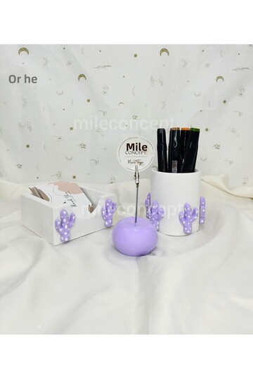 Desktop 3D Cactus Patterned Concrete Office Set Lilac