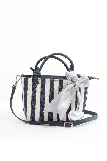 Navy Blue Linen Women's Striped Heart Charm Hand and Shoulder Bag