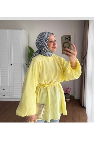 Women's Balloon Sleeve Waist Tie Hijab Yellow Tunic Shirt Rz01