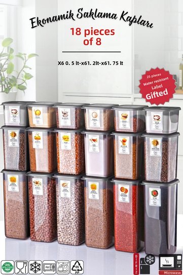 Labeled 18-Piece Anthracite Economical shatterproof Storage Container Set x6 - 1.75/1.2/0.5 L