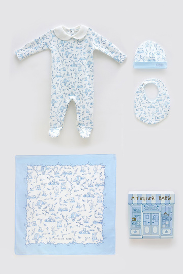 100% Cotton 4-Piece Newborn Set - Toile De Jouy / Blue
