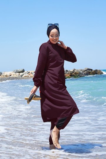 Half Zipper Adjustable Waist Hijab Swimsuit Dark Burgundy