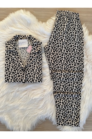 Leopard Printed Suede Shirt Collar Long Sleeve Pajama Set