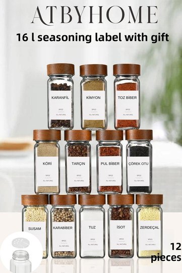 12 Pieces Glass Spice Jar Set with Acacia Lid - 120 ml 16 Pieces with Label Gift