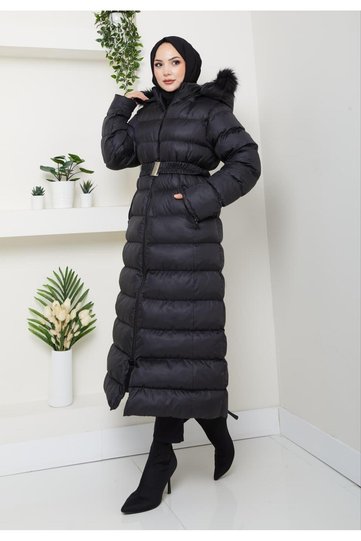 Women’s belted hooded long puffer black coat
