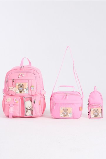 Set of 3 Girls' Primary School Bag with Korean Style Accessories Backpack with Pen Holder and Lunch Bag