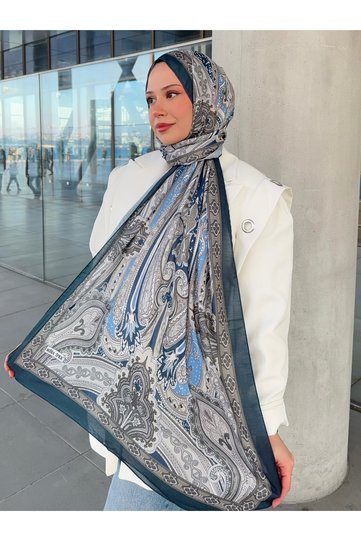 Retro Pattern Cotton Shawl Navy Blue Mink Ps6