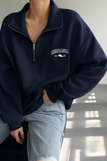 Navy Blue Nebraska Printed Stand Collar Zippered Sweatshirt