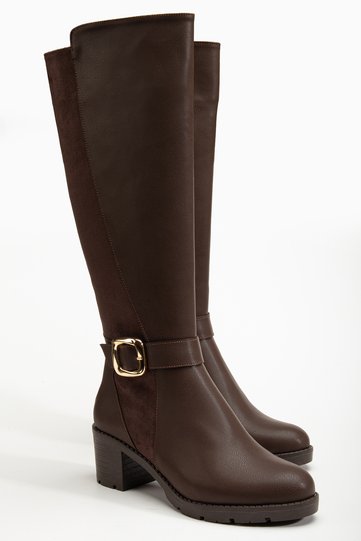 Women's Bitter Brown Back Suede Buckle Detailed Boots