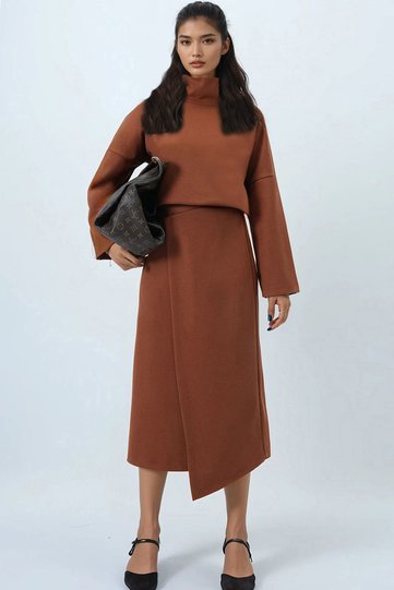 Women's Cinnamon Brown Stand Collar Wide Cut Blouse and Asymmetric Wrap Midi Skirt Kaşmi Takm Alc-X14443