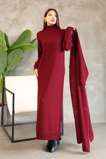 Turtleneck Long Sleeve Ankle-Length Solid Color Dress and Openwork Batwing Sleeve Knit Cardigan Two-Piece Set