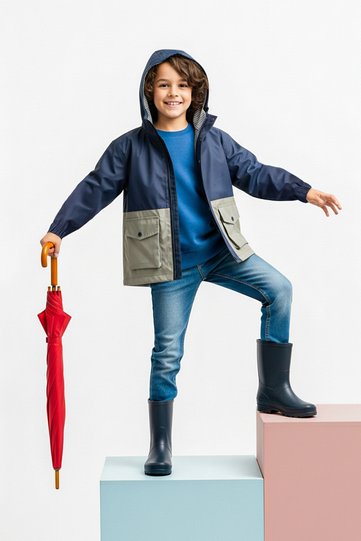 Dark Blue Blocked Hooded Raincoat Jacket with Water Repellent Feature - Tkdaw25ce00000