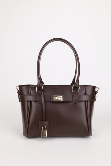 Women's Bitter Brown Hand and Shoulder Bag with Zipper Closure and Lock Charm Detail Lotus