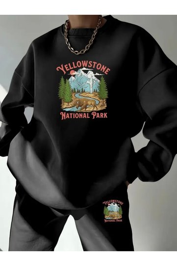 طقم رياضي مطبوع عليه YELLOWSTONE للجنسين برقبة دائرية كبيرة الحجم