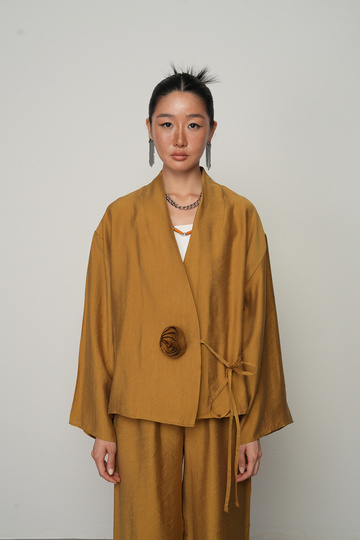 Women's Rose Detailed Side Tie Solid Color Kimono-Jacket
